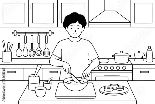 A man is shown in a kitchen setting, actively cooking or preparing food at a counter with various utensils and ingredients around him, all in a clean black and white outline style.