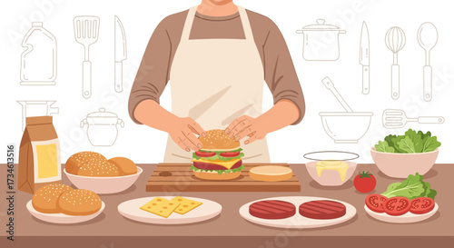 Person in apron preparing homemade burger in kitchen setting with various ingredients laid out