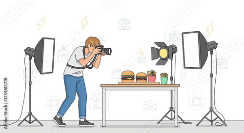 Professional food photography setup featuring burgers fries and modern illustration