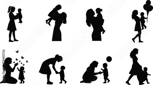 Mother and Child Silhouette Set Showing Love, Bonding, Playful Moments, Family Connection, Parenthood, Affection, Care, Interaction, and Togetherness