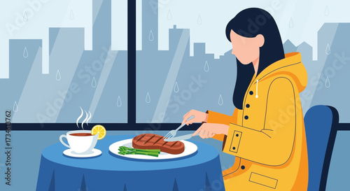 Rainy day comfort: A woman enjoys steak and coffee indoors watching the rain fall outside