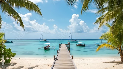 Tropical beach with palm trees, a wooden pier, various boats, and calm turquoise water