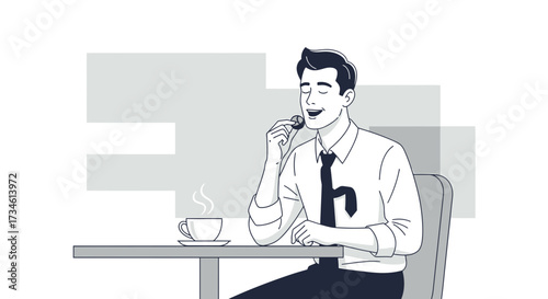 Relaxing break illustration of a businessman enjoying a treat with a cup of coffee indoors