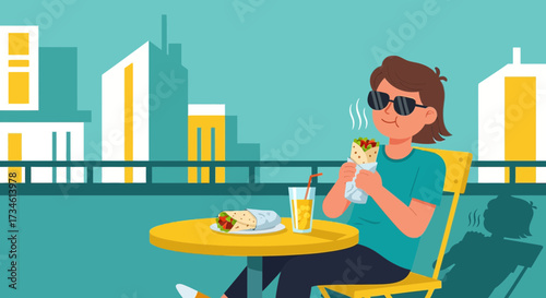 Relaxed lunch break: A cartoon woman enjoys a shawarma with a drink in the city setting