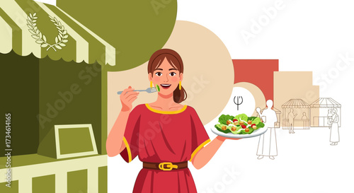 Roman woman enjoying a fresh salad at an ancient marketplace illustration style is reminiscent of