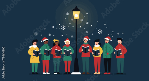 A serene Flat Design vertical banner illustration depicting a community gathered for Christmas carol singing, perfect for holiday event announcements.