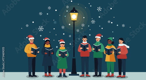 A serene Flat Design vertical banner illustration depicting a community gathered for Christmas carol singing, perfect for holiday event announcements.