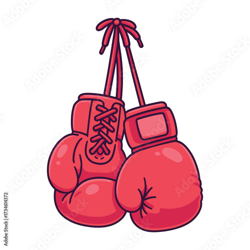 A pair of red cartoon boxing gloves hanging together by their laces against a plain white background. T-shirt design mascot sticker