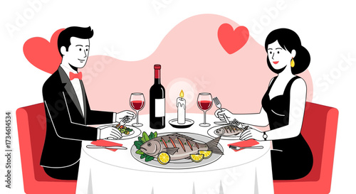 Romantic dinner for two illustration with fish wine and candles a perfect valentine's day date