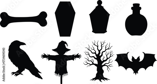 Halloween silhouettes of bone, coffin, tombstone, potion, raven, scarecrow, tree, bat – spooky black icons for seasonal vector design
