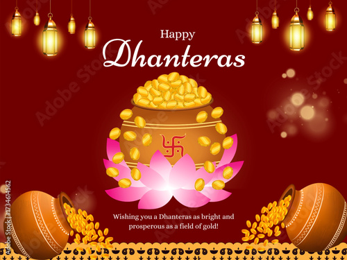 Happy Dhanteras Festival Vector Design with Decorative Lamps, Coins, and Traditional Elements