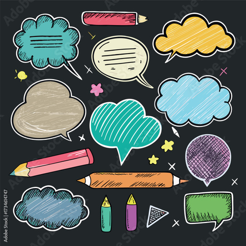 Colorful doodle illustration with pencils, speech bubbles, stars, and sketchy hand-drawn style