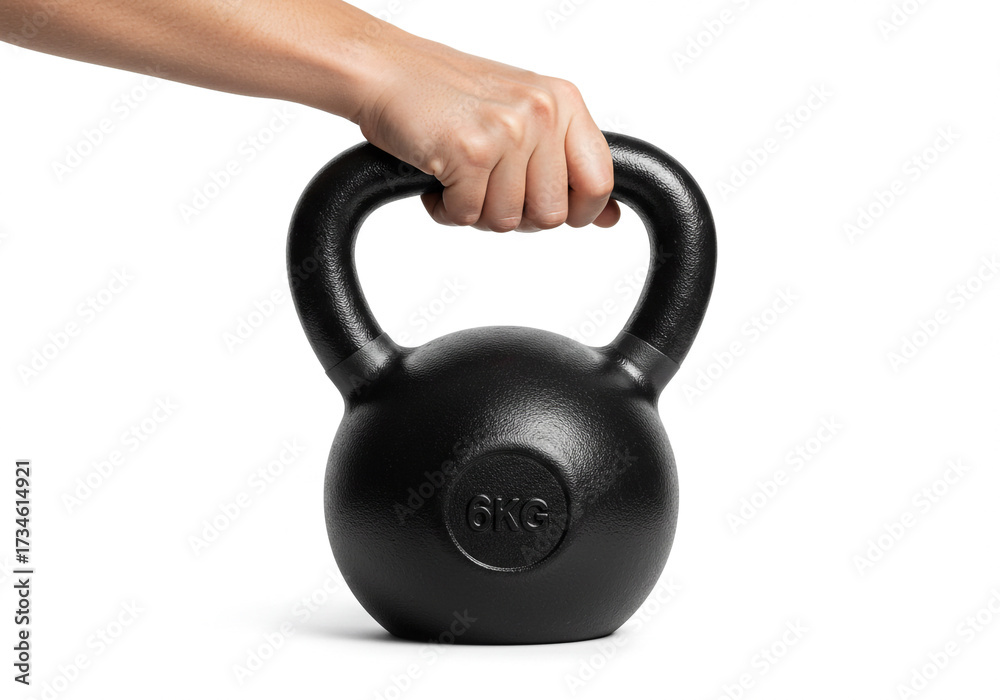 Fototapeta premium Strong hand confidently grips a black 6kg kettlebell, ready for a powerful workout session, ideal for fitness motivation visuals.