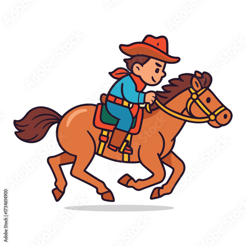 A cheerful cartoon cowboy boy in a red hat riding a galloping brown horse.