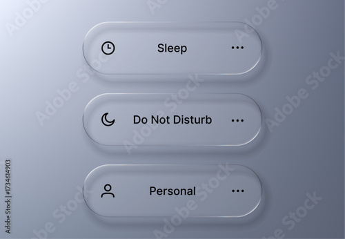 Translucent UI options display with sleep, do not disturb, and personal settings. Futuristic liquid glass morphism vector design for app interface concept.