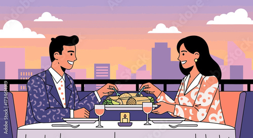 Romantic rooftop dinner date illustration with cityscape and vibrant sunset background perfect for