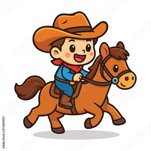 Cute cartoon cowboy with a hat, happily riding a small brown pony.