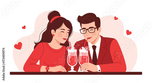 Romantic Valentine's Day Illustration of a Couple Sharing Drinks and Celebrating Love