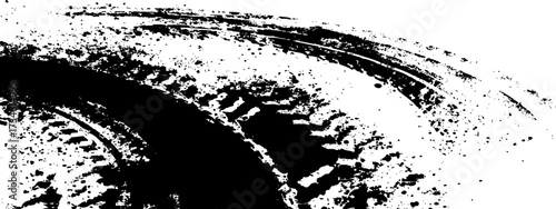 Vector black-and-white tire tracks and skid marks isolated white background. motocross, drifting, drag racing, and off-road vehicles, featuring grunge splatter and tread patterns for car.