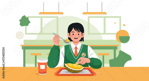 Smiling young woman enjoys eating durian with a spoon at a table setting indoors