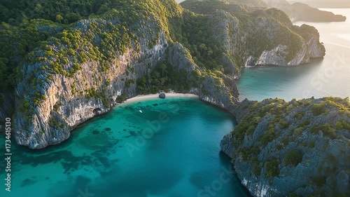 Aerial view of a secluded beach nestled between lush, rocky cliffs and turquoise sea