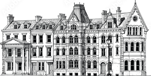 Historic European buildings illustration, vintage architecture drawing, detailed old city houses, classical and gothic style facades, black and white sketch art