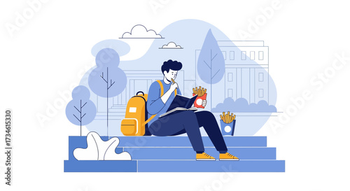 Student's Life: A Young Man Studies Outdoors with French Fries in Hand on a Sunny Day
