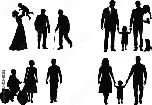Inclusive family silhouettes showing diverse relationships, mobility support, parenting moments, and multigenerational bonding in black vector style on white background