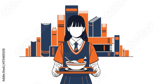 Student with lunch tray and backdrop of books symbolizes balance education and nutrition
