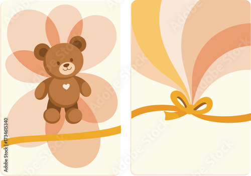 A Teddy bear with heart belly and pastel bow panel, whimsical cartoon vector illustration, soft beige and peach background, cozy children’s