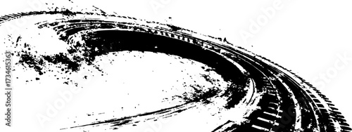 Vector black-and-white tire tracks and skid marks isolated white background. motocross, drifting, drag racing, and off-road vehicles, featuring grunge splatter and tread patterns for car.