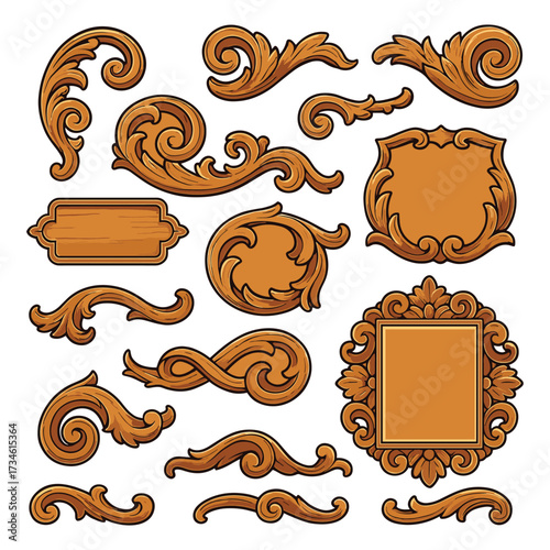 A collection of cartoon vintage wooden scroll ornaments, flourishes, and frames for decorative design.