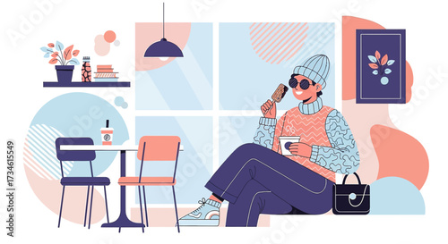 Stylish young woman enjoying coffee and ice cream in a trendy cafe setting illustration