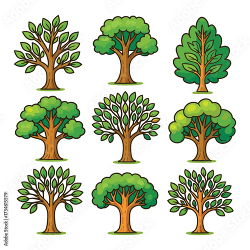 A collection of nine stylized cartoon trees, each with a unique shape, green leaves, and a brown trunk, isolated on a white background.
