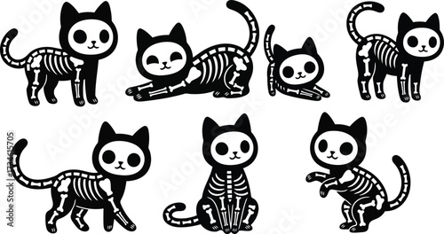 Six black cats with white skeletons in various poses