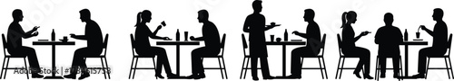 Black silhouette people dining in restaurant — couples, waiter serving, solo diners — vector set for food, hospitality, café, design, and lifestyle projects