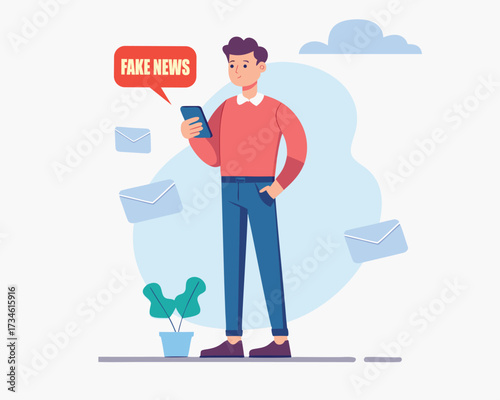 Flat Vector Illustration of a business man with briefcase and  of Man Reading Fake News on Smartphone.