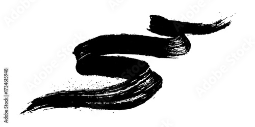 Single one black paint brush stroke isolated on white background. Smudged black mascara isolated on white background. Cosmetic product swatch. Paint brush stroke