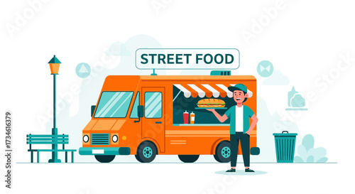 Vibrant illustration of a cheerful street food vendor and his eye catching food truck