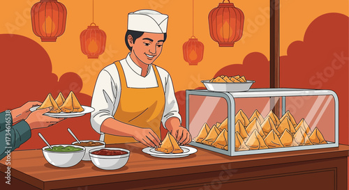Vibrant illustration of a chef preparing delicious samosas at a bustling food stall with