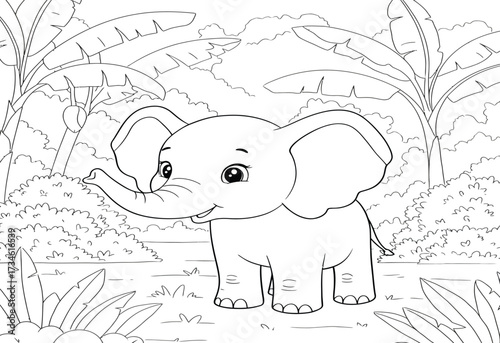 A cute baby elephant stands in a jungle clearing surrounded by lush foliage and banana trees, ready to be colored.