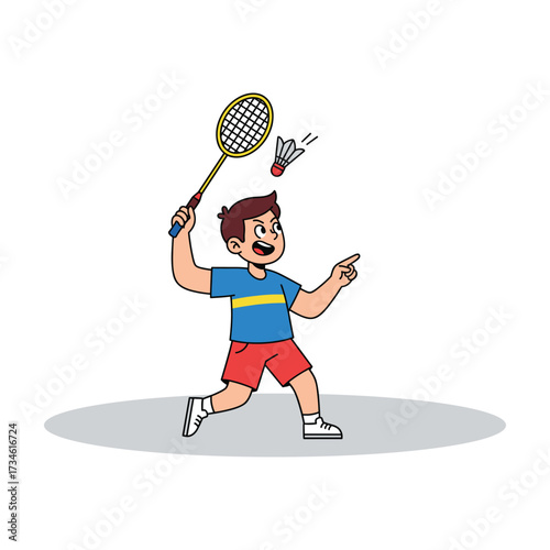 Young boy playing badminton, hitting shuttlecock with racket, active lifestyle illustration