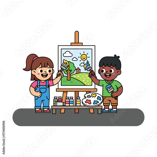 Diverse children happily painting a landscape scene together on an easel