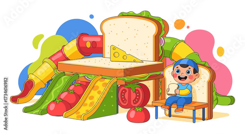 Whimsical Illustration of a Sandwich Playground with a Happy Boy Eating Bread