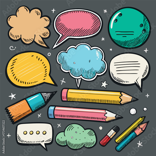 Colorful doodle illustration with pencils, speech bubbles, stars, and sketchy hand-drawn style