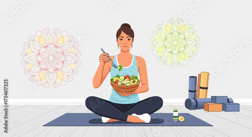 Woman enjoying a healthy salad after yoga session promoting wellness and mindful eating