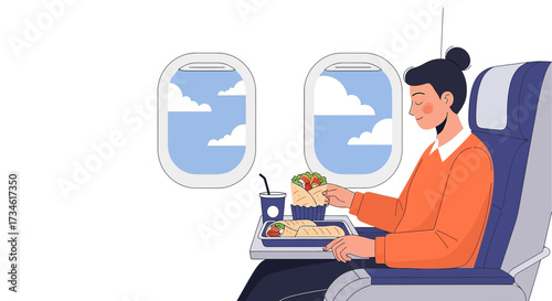 Woman enjoying meal on airplane flight while looking out the window at clouds sky view