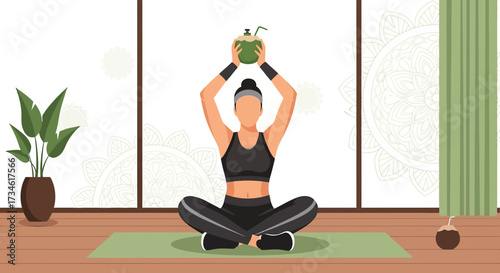 Woman in yoga pose with coconut drink promoting healthy lifestyle and wellness