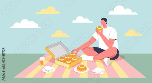 Young man enjoying a picnic with delicious buns on a sunny day illustration