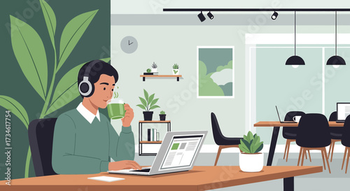 Young man working from home with laptop and enjoying a cup of tea vector design